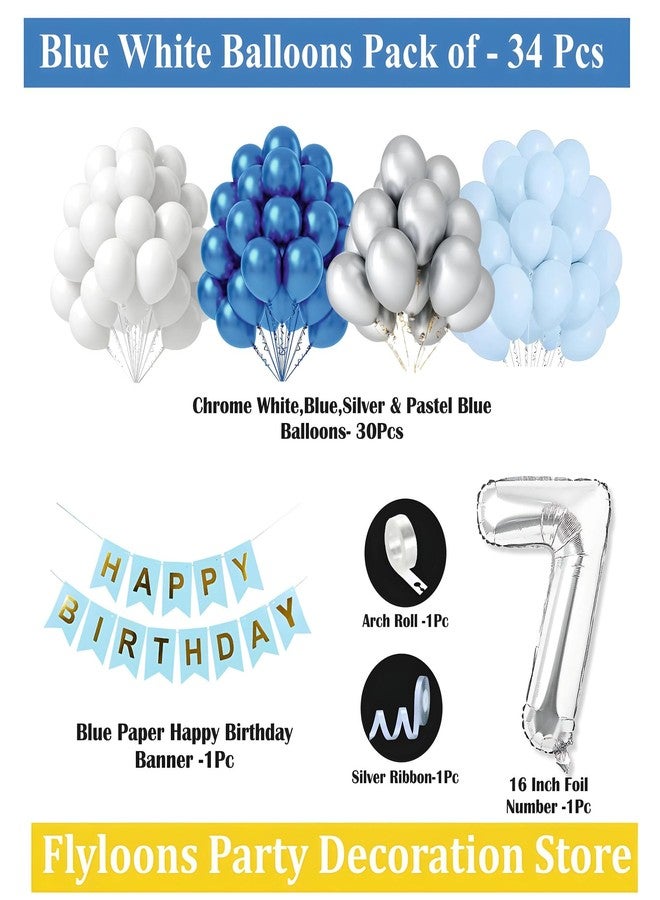 Flyloons 7th Birthday Decoration Items Blue and White Theme Combination for Boys Girls Kids | 30 Pcs Blue White Silver Color Balloons | Blue Happy Birthday Paper Banner | Arch Tape - Image 2